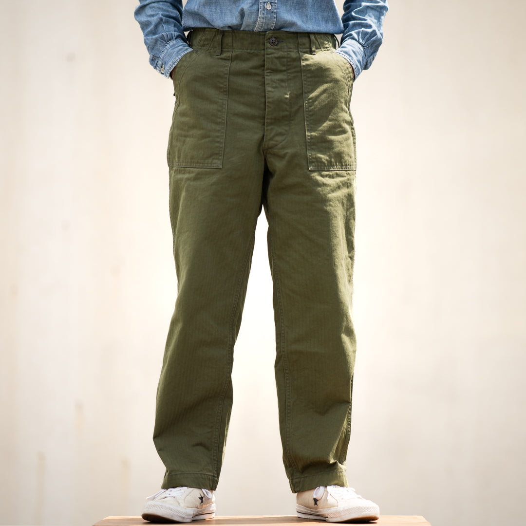 Army Baker Pants Threne Vat Dye Herringbone olive SALON LIMITED