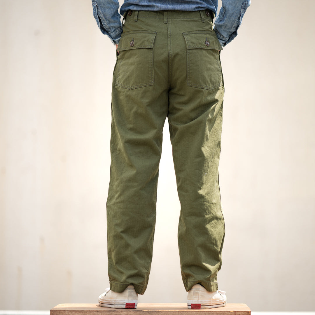 Army Baker Pants Threne Vat Dye Herringbone olive SALON LIMITED