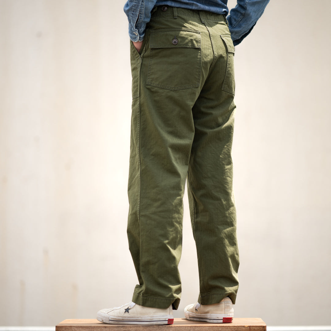 Army Baker Pants Threne Vat Dye Herringbone olive SALON LIMITED