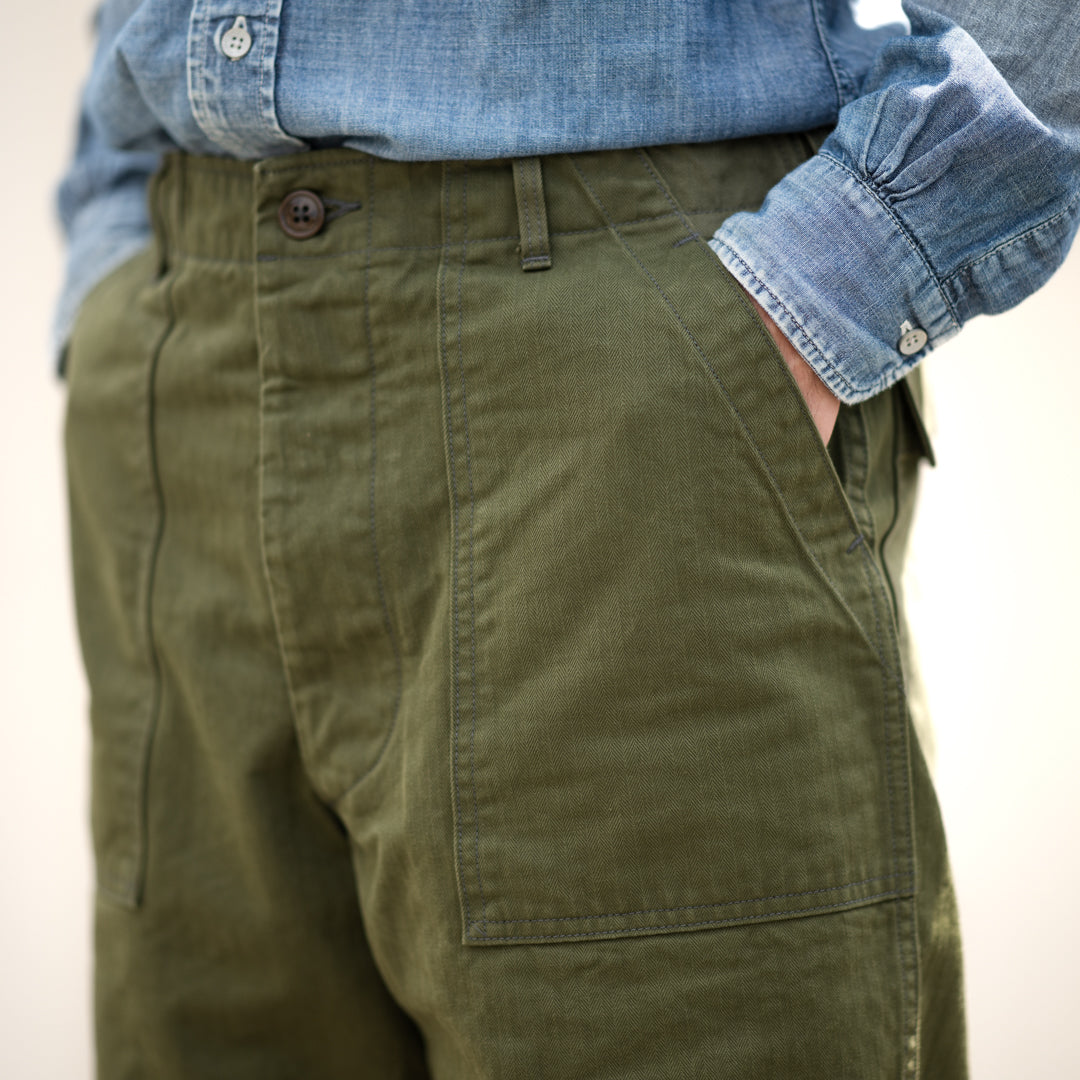 Army Baker Pants Threne Vat Dye Herringbone olive SALON LIMITED