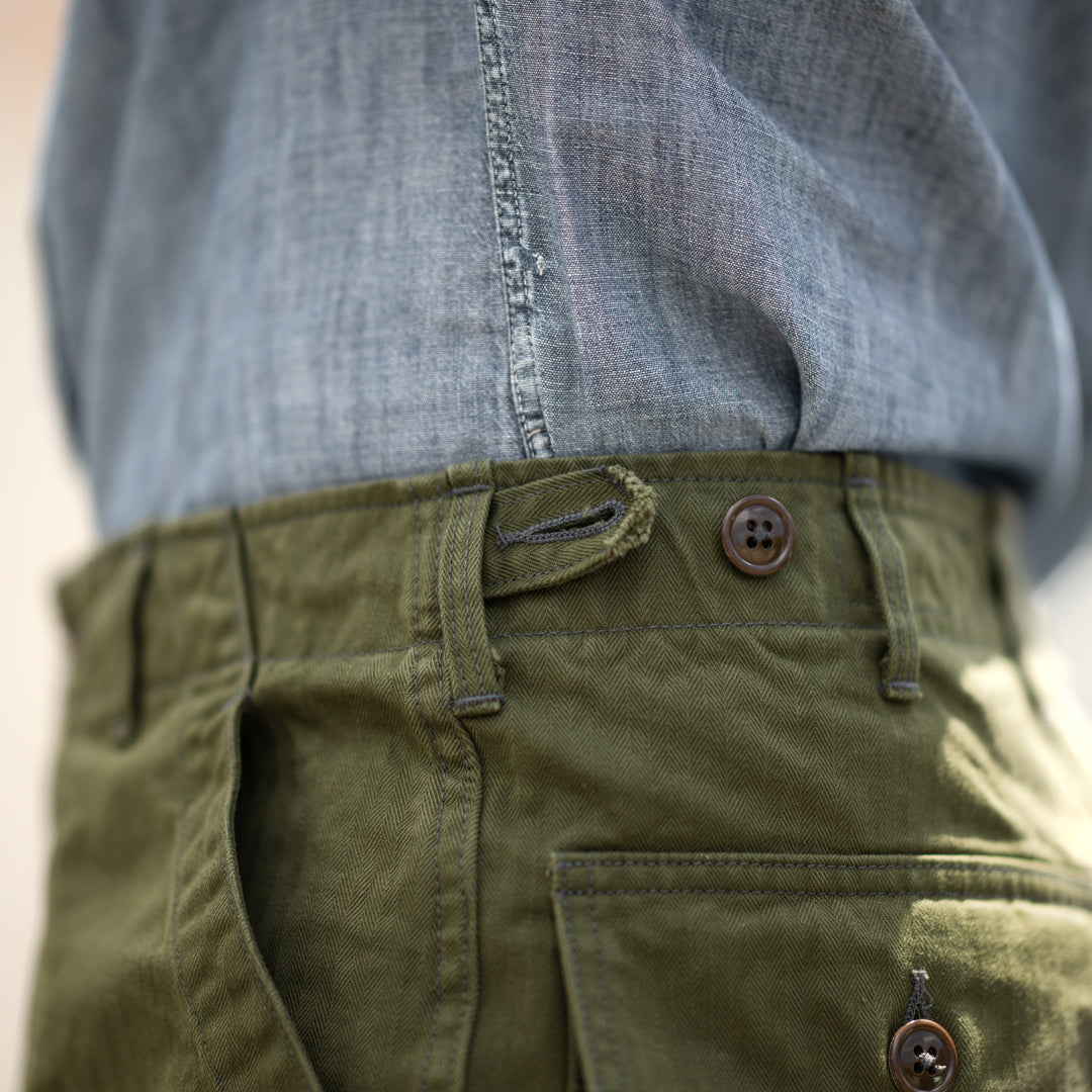 Army Baker Pants Threne Vat Dye Herringbone olive SALON LIMITED