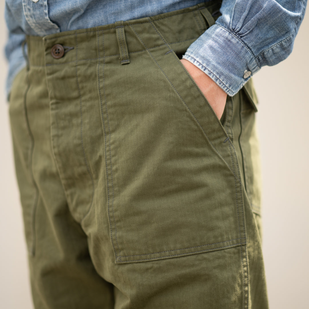 Army Baker Pants Threne Vat Dye Herringbone olive SALON LIMITED