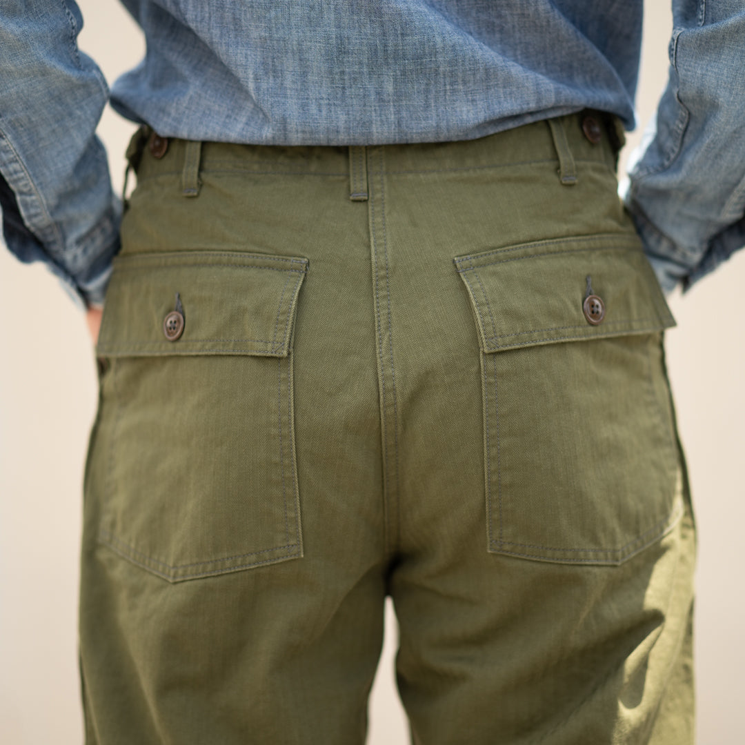 Army Baker Pants Threne Vat Dye Herringbone olive SALON LIMITED