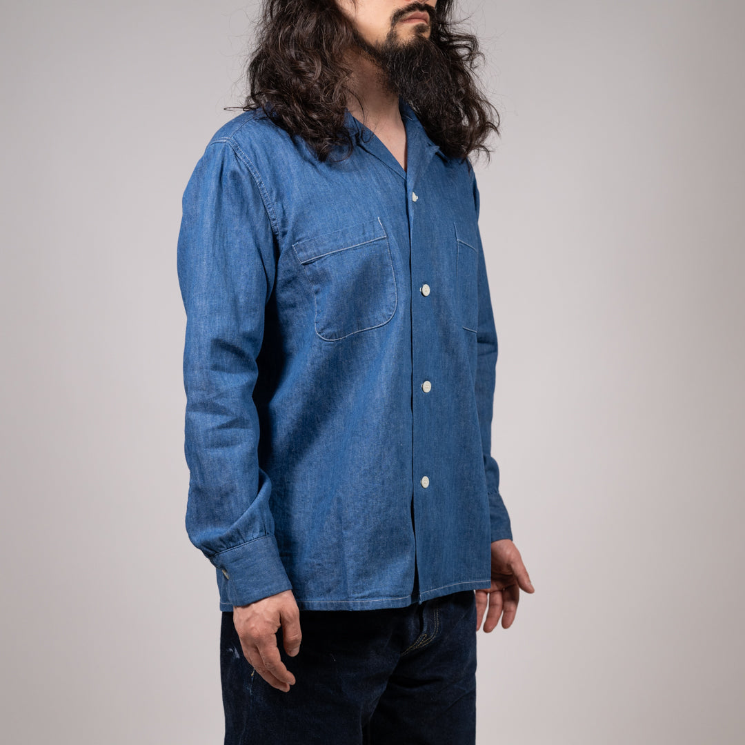 Open-Collar Shirt Cotton Linen Light indigo