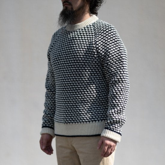 ポップコーンセーター シェットランド ナチュラル×ネイビー Popcorn Sweater Shetland Wool natural × navy